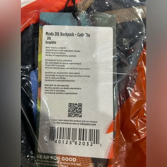 Cotopaxi Moda 20L Backpack Cada Día Graphite Cinch-top Closure Laptop Sleeve NWT